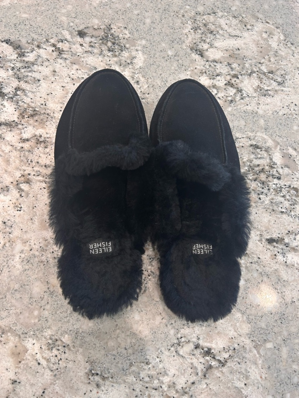 Eileen Fisher Black Fur-Lined Suede Mules